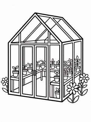Black and white line art of a cheerful greenhouse filled with tiny seedlings in pots, ready for coloring. Features plants, sun, and garden tools.