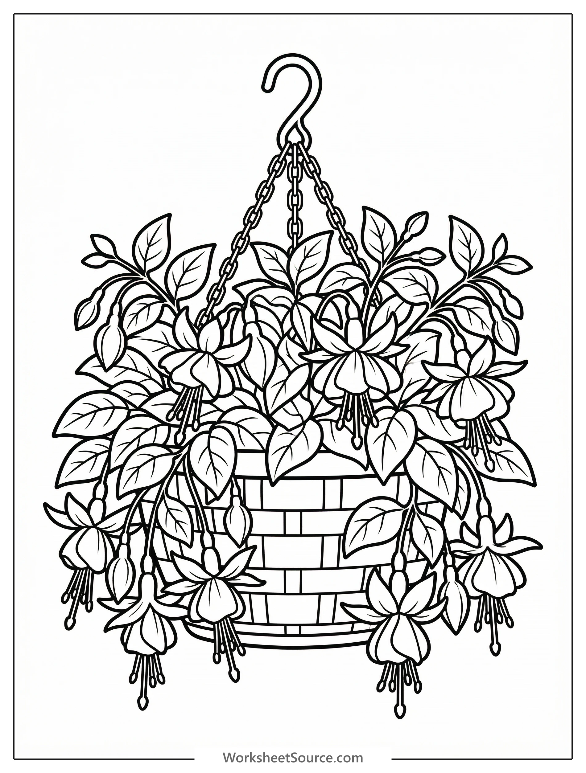 Clear black and white line art coloring page featuring a lush hanging basket overflowing with fuchsia flowers, ready for children to color and enjoy.
