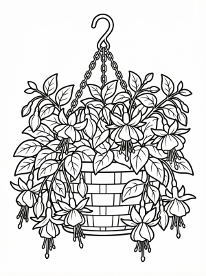 Clear black and white line art coloring page featuring a lush hanging basket overflowing with fuchsia flowers, ready for children to color and enjoy.
