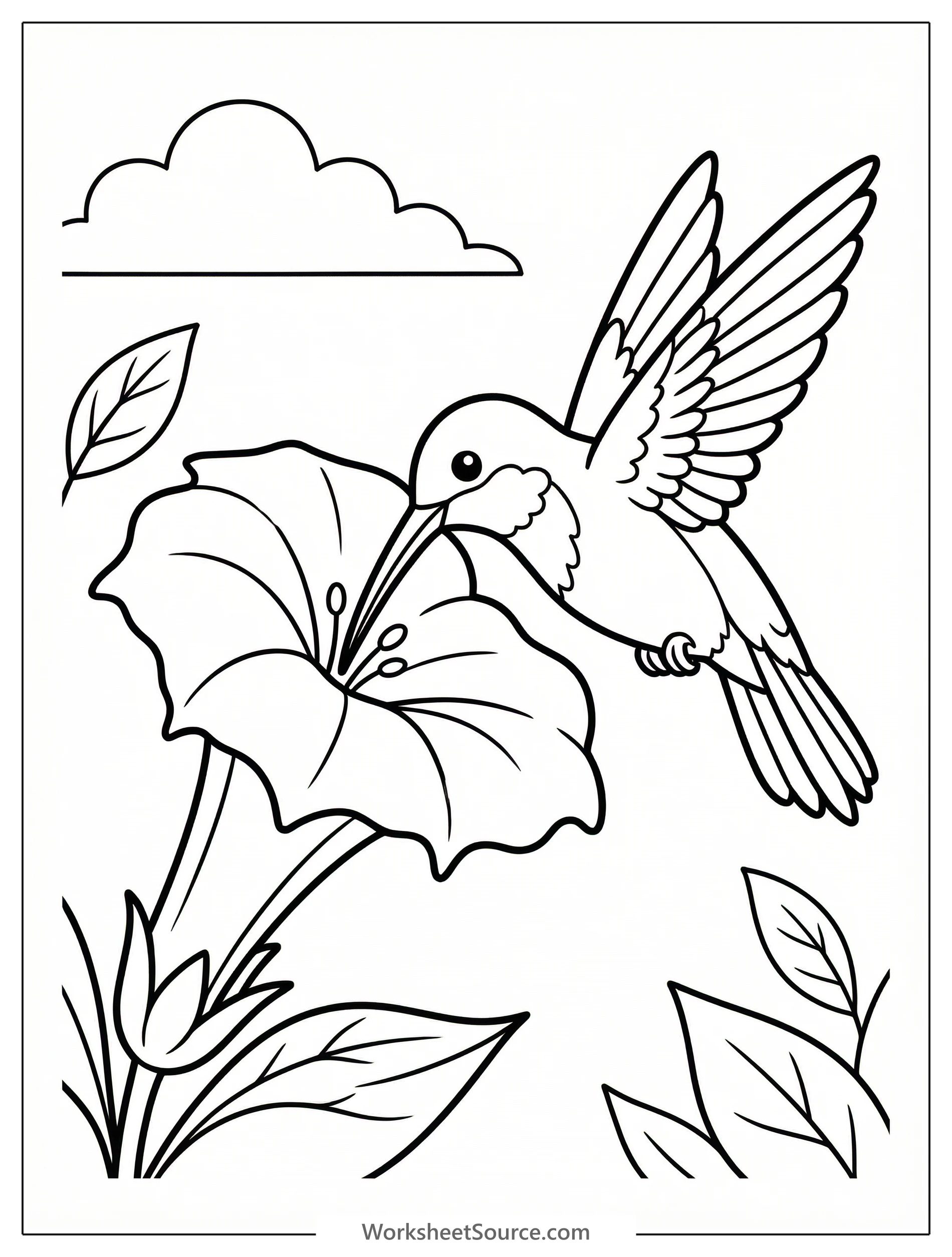 Clear black and white line art of a hummingbird hovering at a trumpet flower, ready for coloring. Professional design for children.