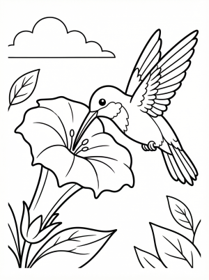 Clear black and white line art of a hummingbird hovering at a trumpet flower, ready for coloring. Professional design for children.