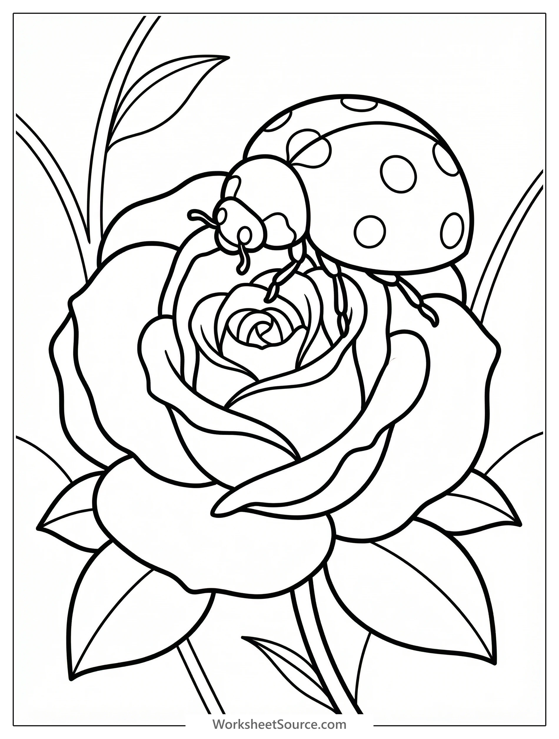 Clear black and white line art of a friendly ladybug resting on a detailed rose blossom, designed as a printable coloring page.