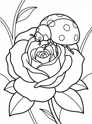 Clear black and white line art of a friendly ladybug resting on a detailed rose blossom, designed as a printable coloring page.