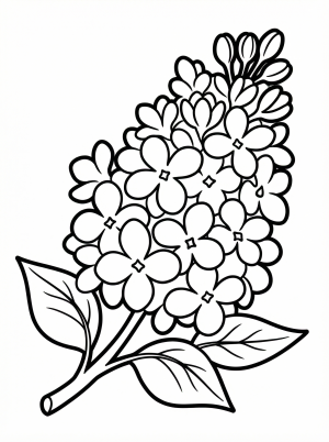 Clear black and white line art coloring page depicting a lush cluster of lilac flowers with leaves, professionally designed for printing.