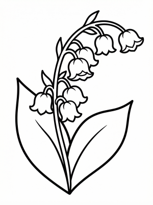 Clear black and white line art of a lily of the valley flower, featuring delicate bell shaped blossoms and broad leaves, ready for coloring.