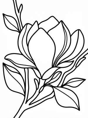 Clear black and white line art coloring page depicting a large, detailed magnolia tree bloom with leaves, ready for creative coloring.