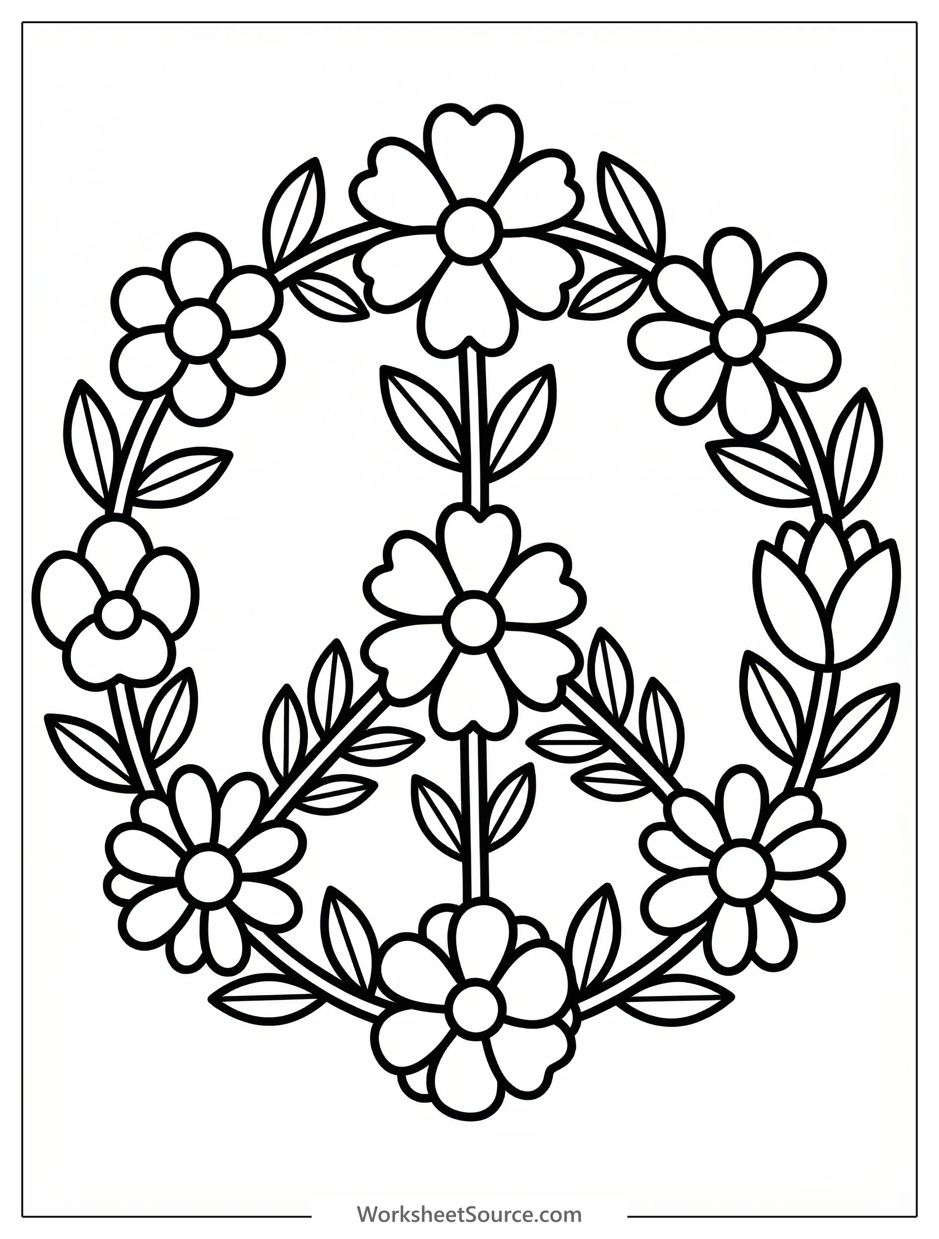 Clear black and white line art coloring page featuring a peace sign filled with various blooming flowers and leaves, professionally designed.