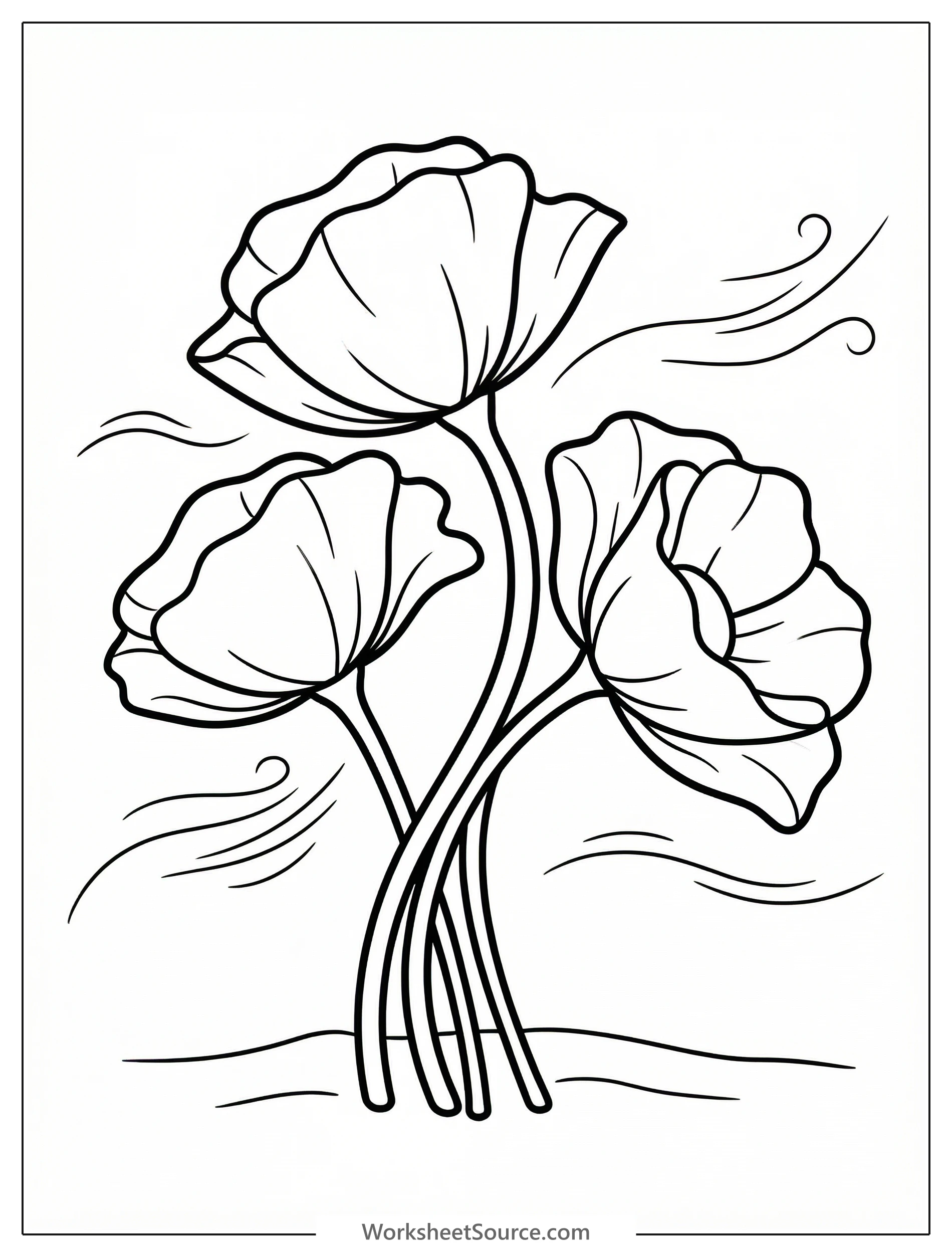 Clear black and white line art coloring page depicting poppies swaying gracefully in the wind, professional design for engaging artistic activity.