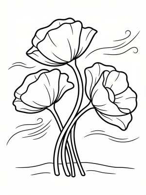 Clear black and white line art coloring page depicting poppies swaying gracefully in the wind, professional design for engaging artistic activity.