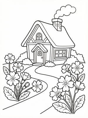Detailed black and white line art coloring page depicting a winding primrose path with blooming primrose flowers, suitable for young artists.