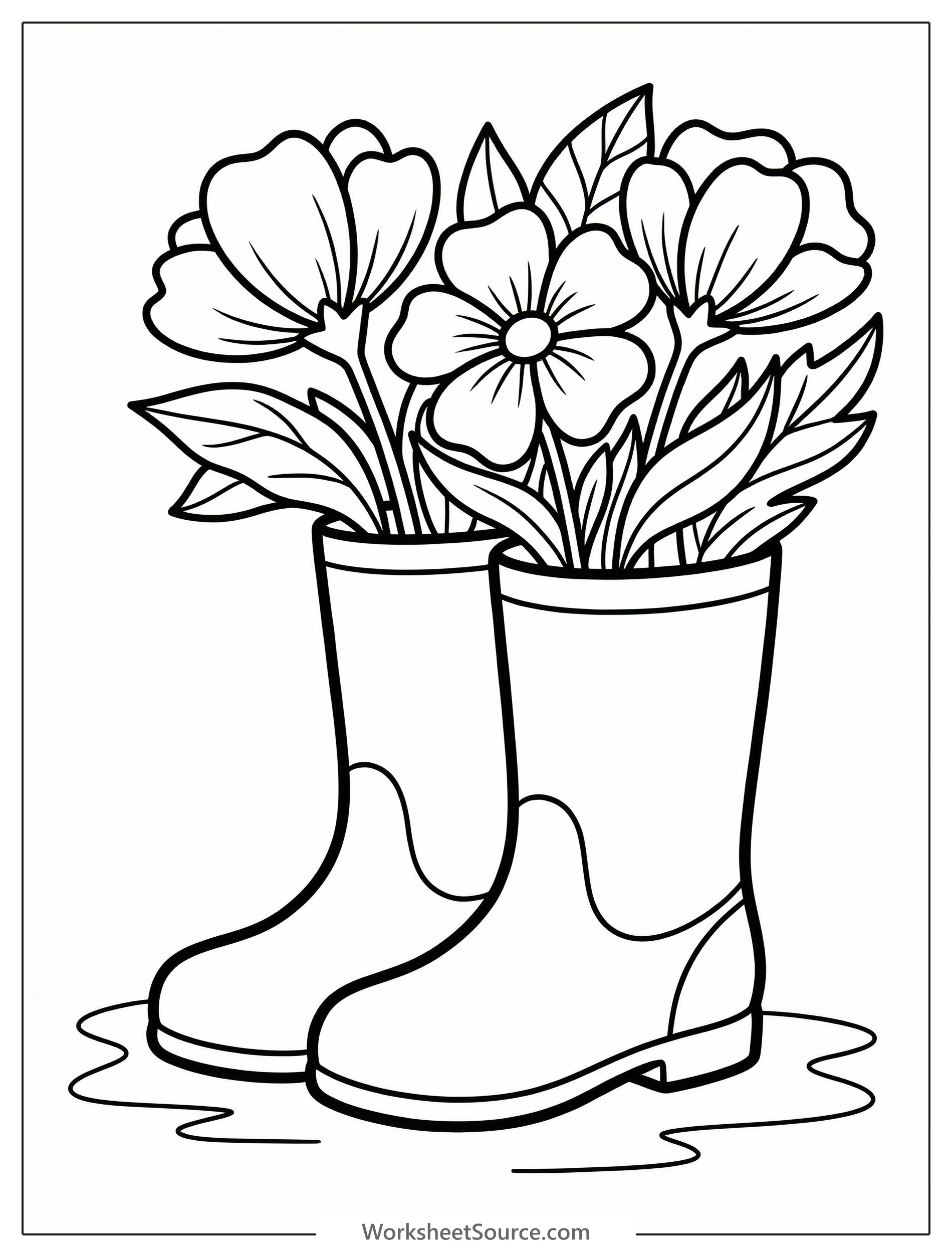 Clear black and white line art coloring page featuring a pair of rain boots overflowing with various spring flowers, professionally designed.