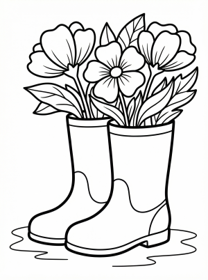Clear black and white line art coloring page featuring a pair of rain boots overflowing with various spring flowers, professionally designed.