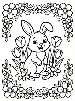 A black and white line art coloring page featuring a professionally designed spring flower border with various blooms and leaves, ready for young artists to color.