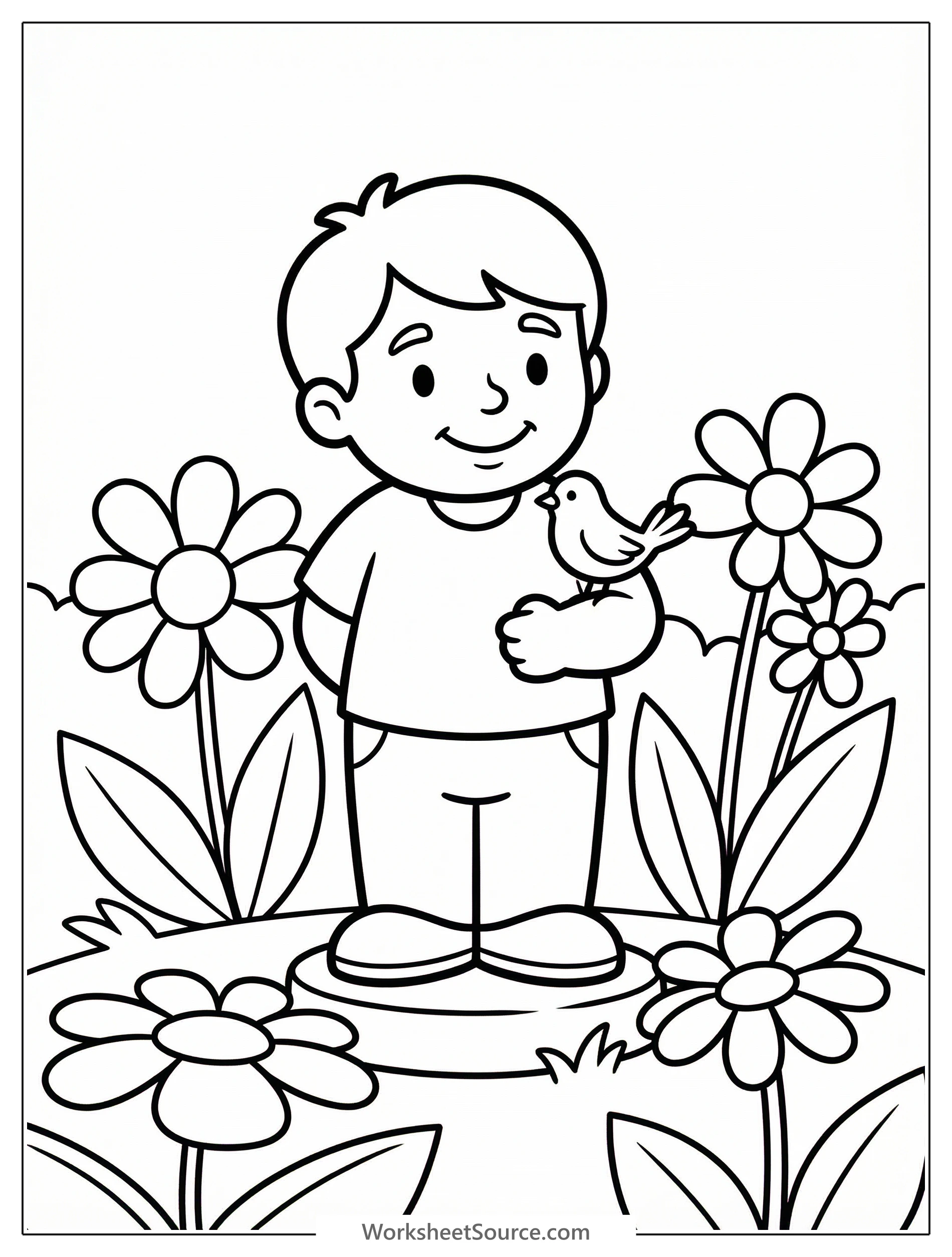 Clear black and white line art of a classical garden statue surrounded by blooming flowers and leafy plants, designed as a professional coloring page.