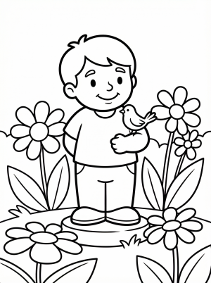 Clear black and white line art of a classical garden statue surrounded by blooming flowers and leafy plants, designed as a professional coloring page.