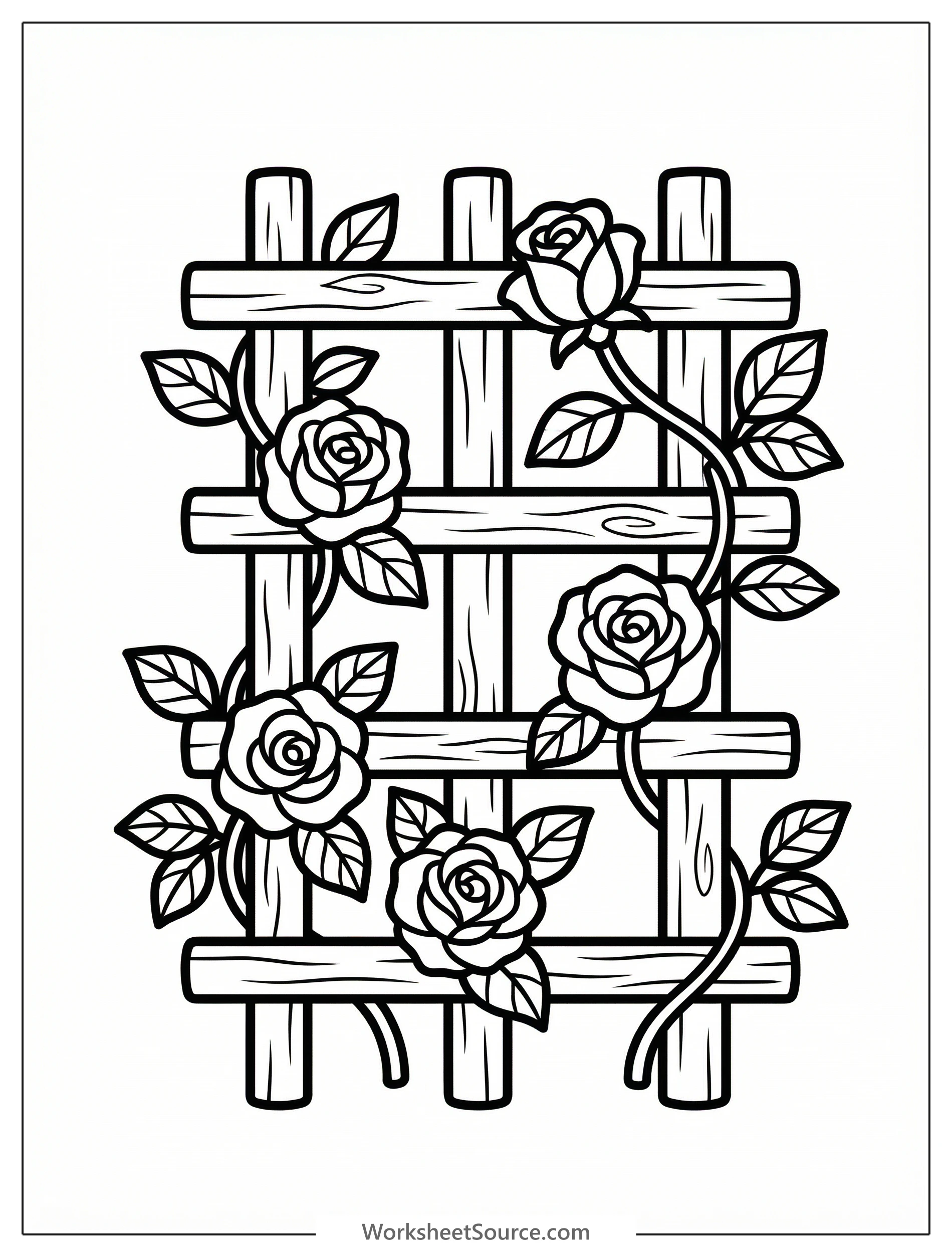 Clear black and white line art coloring page depicting a graceful trellis adorned with climbing roses and leaves, designed for artistic activity.