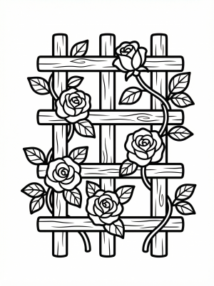 Clear black and white line art coloring page depicting a graceful trellis adorned with climbing roses and leaves, designed for artistic activity.