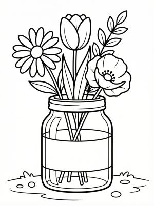 Clear black and white line art of a charming glass jar filled with blooming wildflowers, including daisies, poppies, and various delicate leaves, ready for coloring.