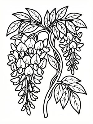 Clear black and white line art coloring page depicting a beautiful wisteria vine with cascading blooming clusters and flowing leaves, professionally designed.