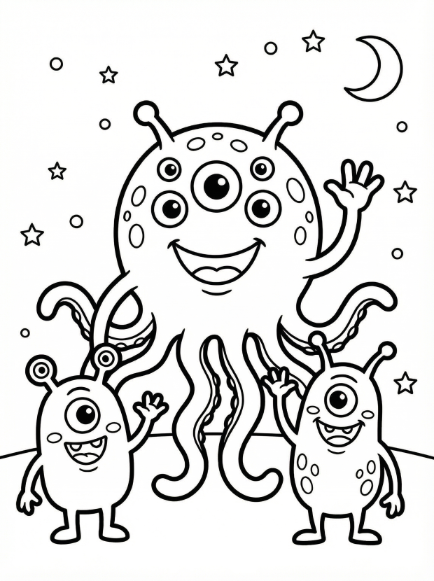 Free printable coloring page showing three friendly aliens waving hello, perfect for kids to practice creativity and fine motor skills