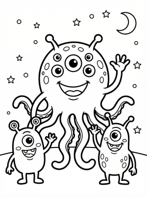 Free printable coloring page showing three friendly aliens waving hello, perfect for kids to practice creativity and fine motor skills