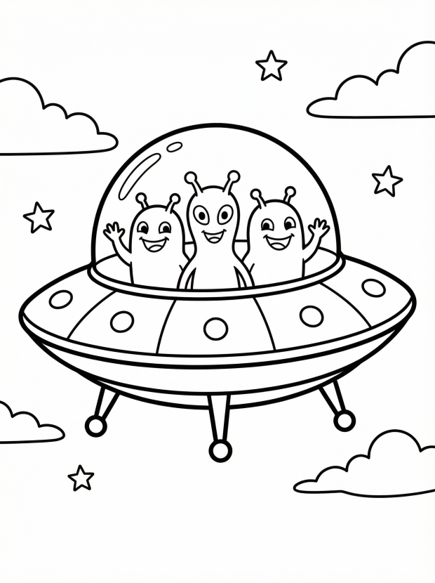 Free printable coloring page showing a flying saucer with three friendly aliens, perfect for kids to practice coloring and imagination