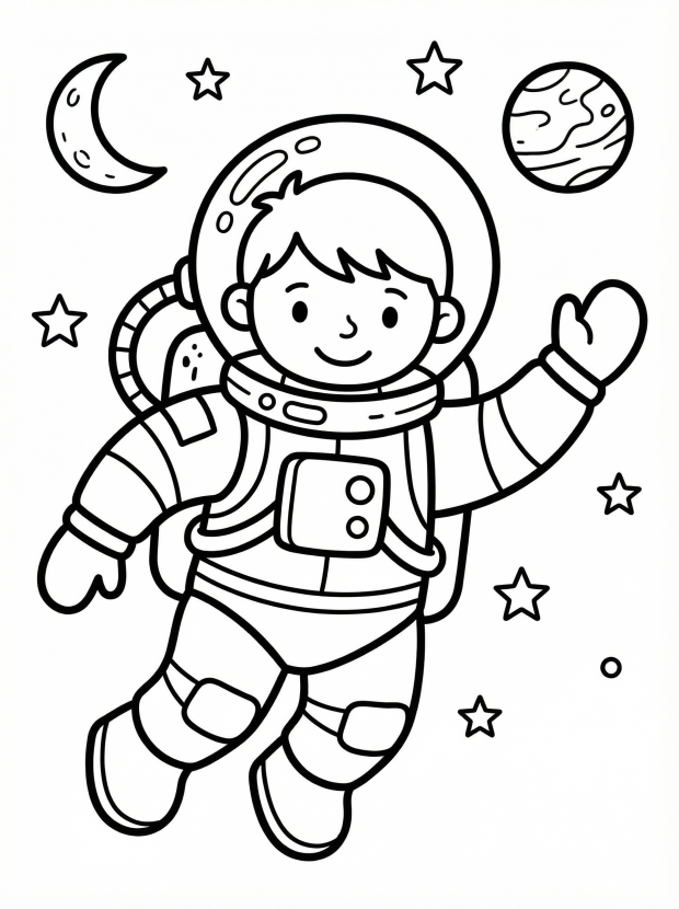 Free printable coloring page showing an astronaut floating in space, perfect for kids to practice coloring and spark space imagination