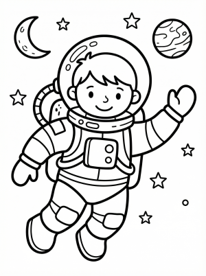 Free printable coloring page showing an astronaut floating in space, perfect for kids to practice coloring and spark space imagination