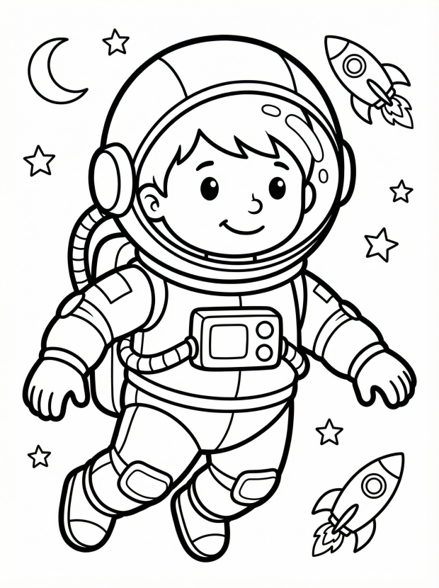 Free printable coloring page showing an astronaut in a space suit floating with rockets and stars, perfect for kids to practice coloring and learn about space