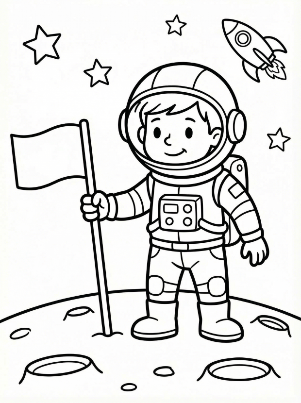 Free printable coloring page showing an astronaut planting a flag on the moon, perfect for kids to practice creativity and fine motor skills