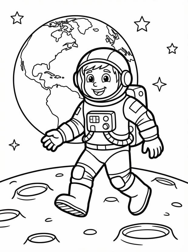 Free printable coloring page showing an astronaut walking on the moon, perfect for kids to learn about space and practice fine motor skills