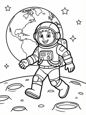 Free printable coloring page showing an astronaut walking on the moon, perfect for kids to learn about space and practice fine motor skills