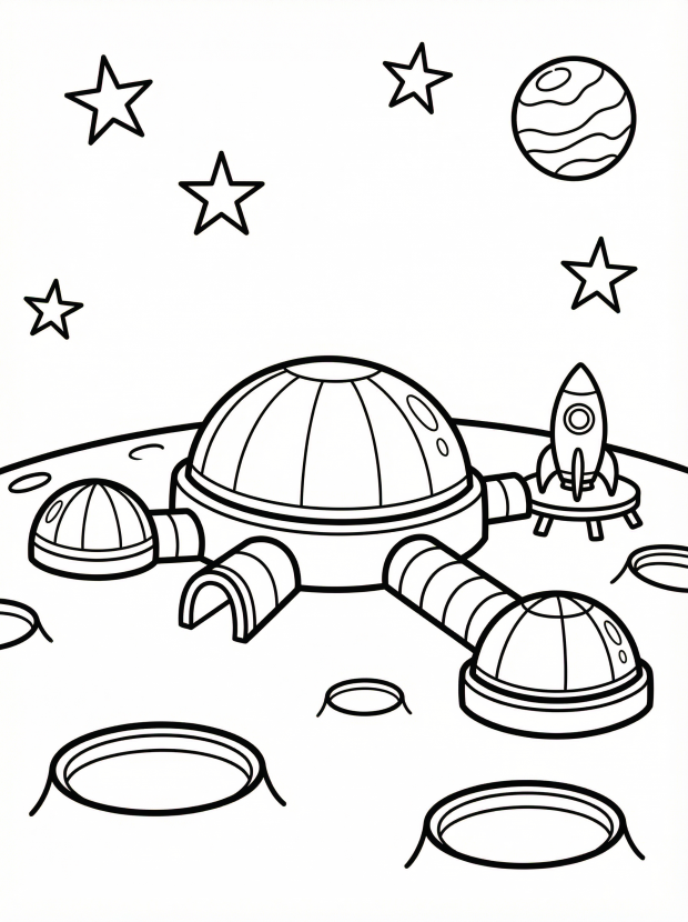Free printable coloring page showing a moon base with domes and a rocket, perfect for kids to explore space concepts and practice fine motor skills