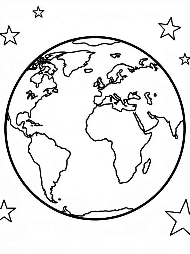 Free printable coloring page showing Earth viewed from space with stars, perfect for kids to learn continents and practice coloring skills