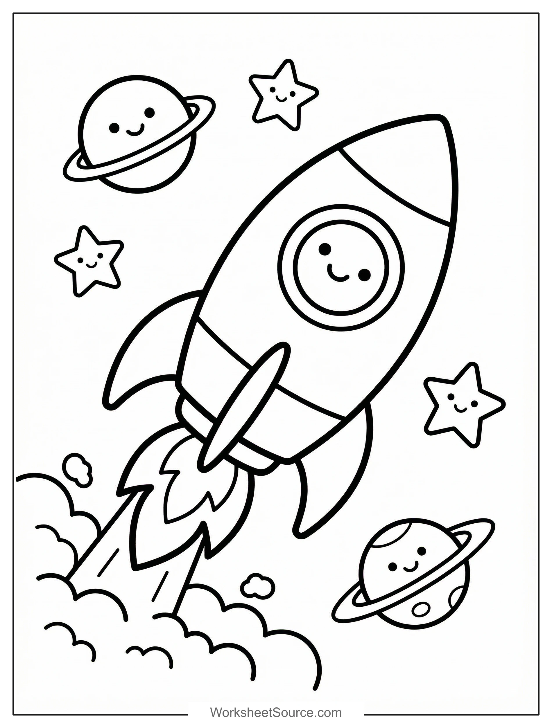 Free printable coloring page showing a rocket ship blasting off with smiling planets and stars, perfect for kids to spark creativity and learn about space