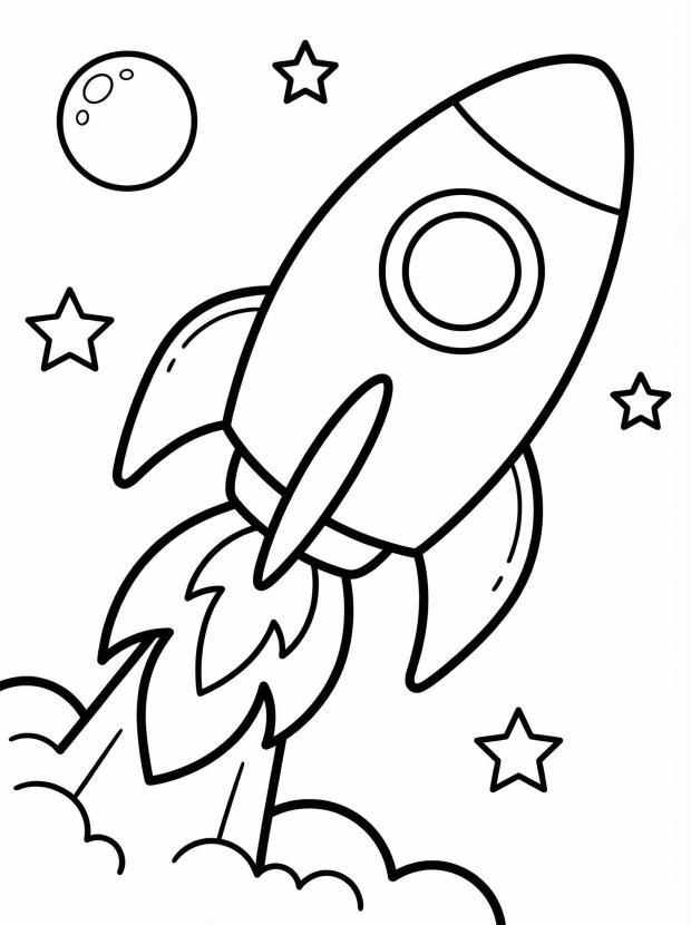 Free printable coloring page showing a rocket blasting off into space, perfect for kids to practice fine motor skills and spark imagination