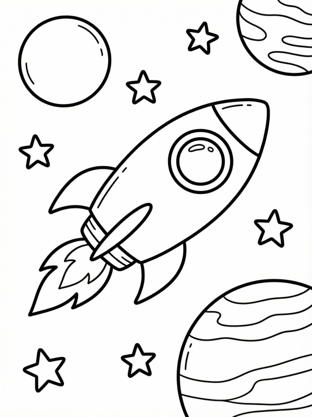 Free printable coloring page showing a rocket flying past stars and planets, perfect for kids to practice creativity and fine motor skills