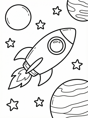 Free printable coloring page showing a rocket flying past stars and planets, perfect for kids to practice creativity and fine motor skills