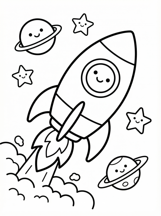 Free printable coloring page showing a rocket ship blasting off with smiling planets and stars, perfect for kids to spark creativity and learn about space
