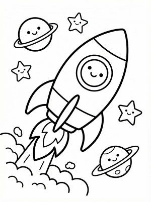 Free printable coloring page showing a rocket ship blasting off with smiling planets and stars, perfect for kids to spark creativity and learn about space