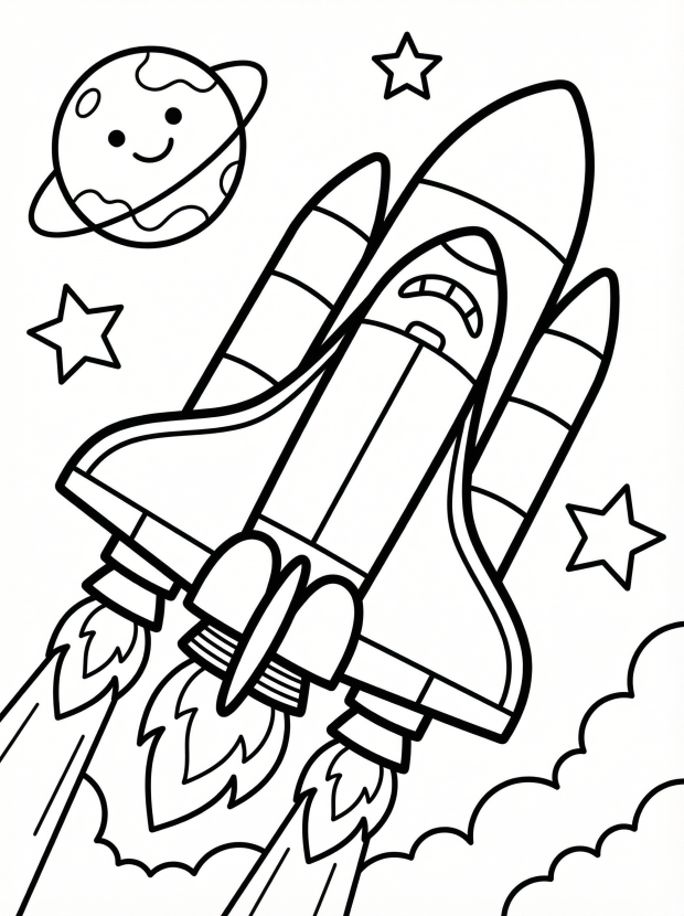 Free printable coloring page showing a space shuttle in flight with stars and planet, perfect for kids to practice coloring and learn about space
