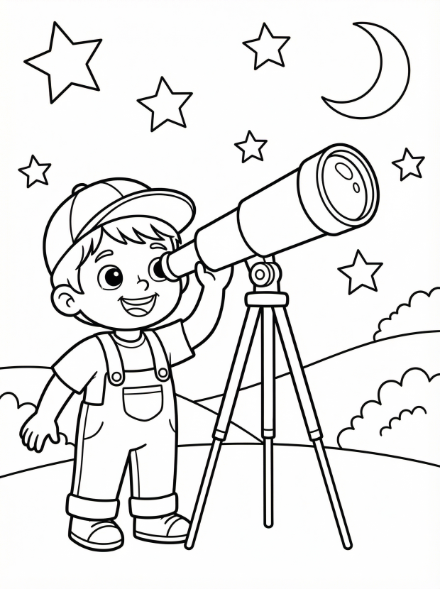 Free printable coloring page showing a child using a telescope to look at stars, perfect for kids to explore astronomy and spark curiosity