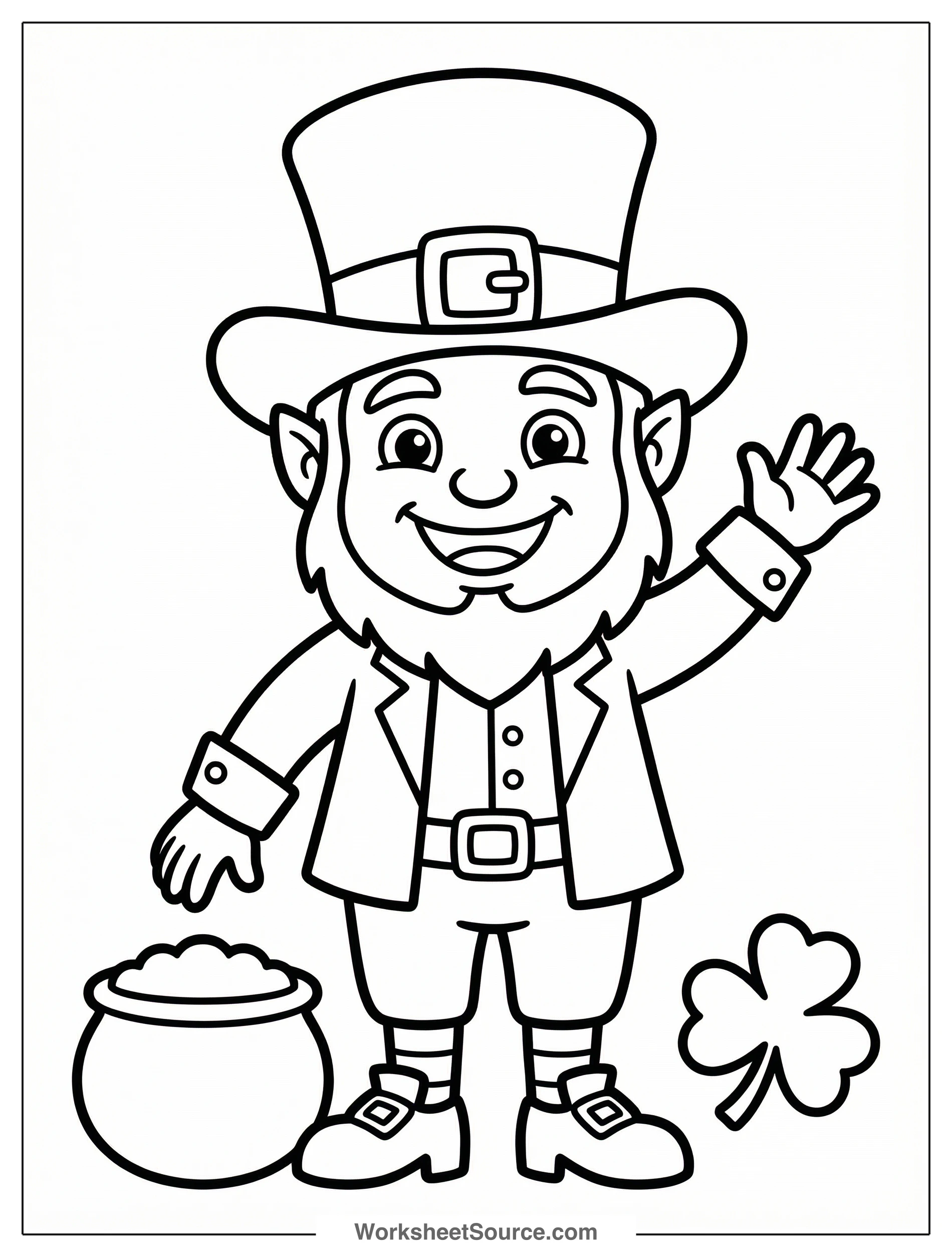 A friendly leprechaun with a big smile, dressed in a green suit, a tall buckled hat, and a shamrock, stands ready for coloring fun.