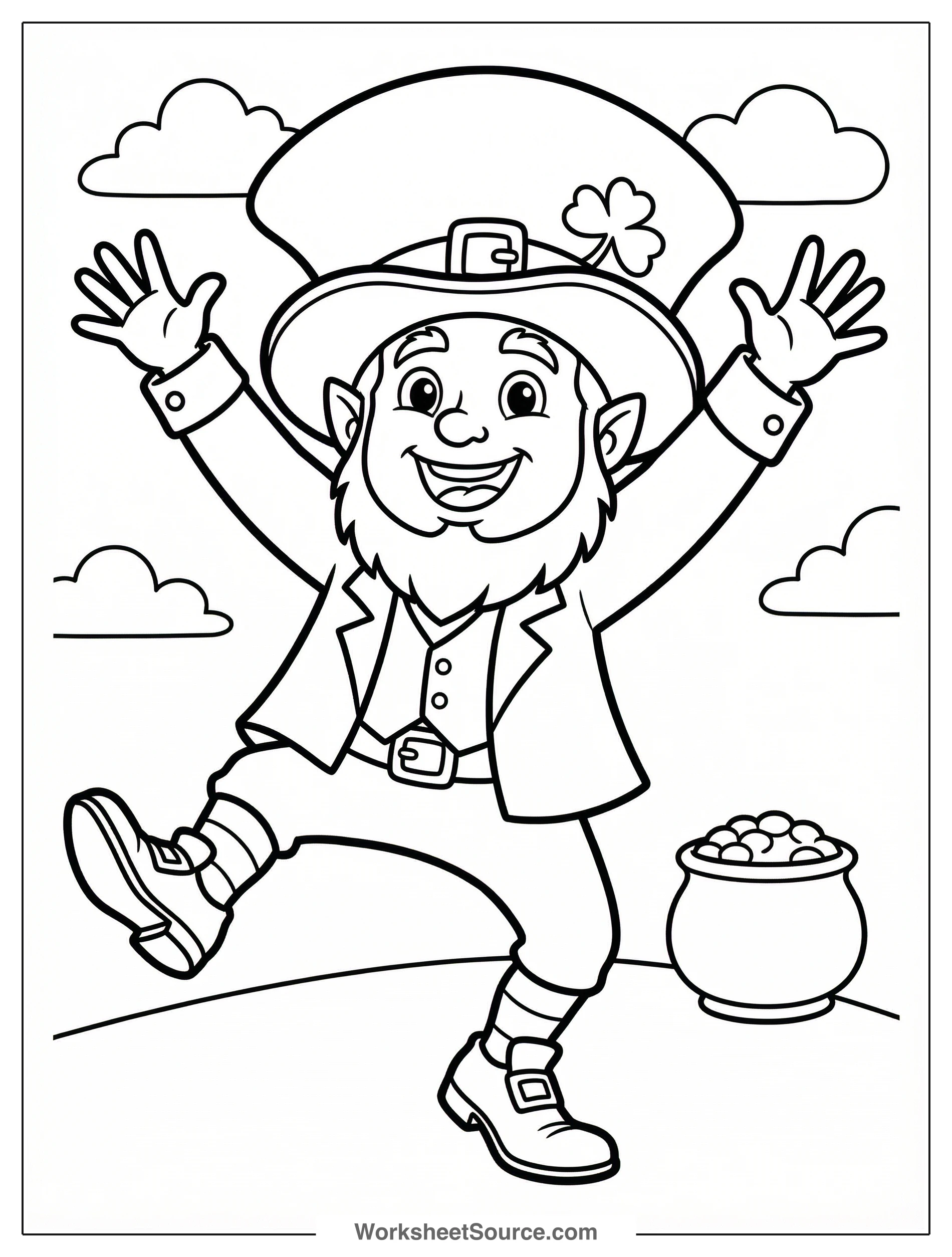 Vibrant cartoon leprechaun energetically dancing an Irish jig, arms raised high, wearing a green suit, top hat with buckle, and pointy shoes.