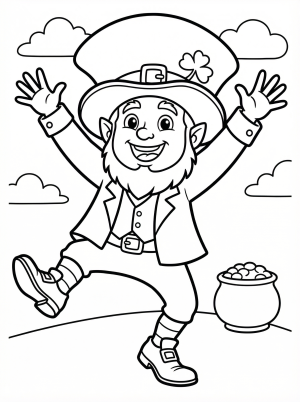 Vibrant cartoon leprechaun energetically dancing an Irish jig, arms raised high, wearing a green suit, top hat with buckle, and pointy shoes.