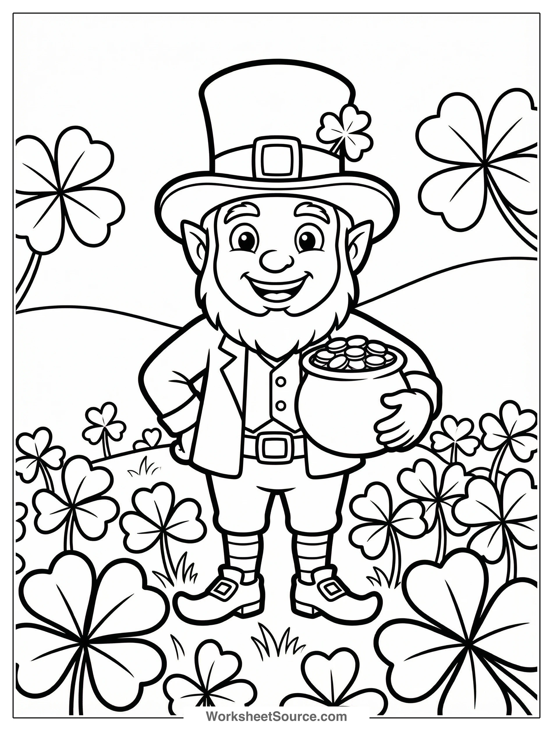 A friendly leprechaun wearing a tall hat and buckled shoes stands smiling in a vibrant field full of green four-leaf clovers.