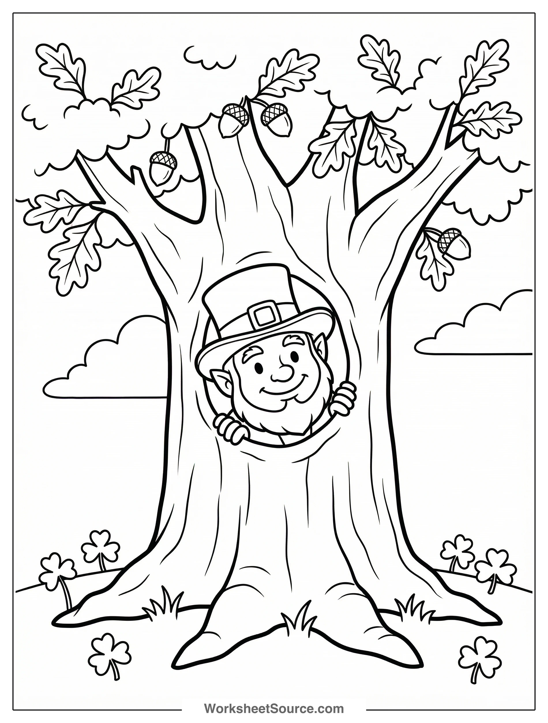 A friendly leprechaun with a pointed hat peeks playfully from behind the textured trunk of a large, leafy oak tree, ready for coloring.