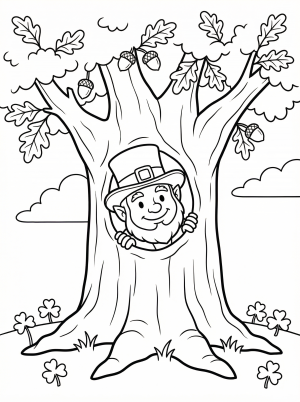 A friendly leprechaun with a pointed hat peeks playfully from behind the textured trunk of a large, leafy oak tree, ready for coloring.