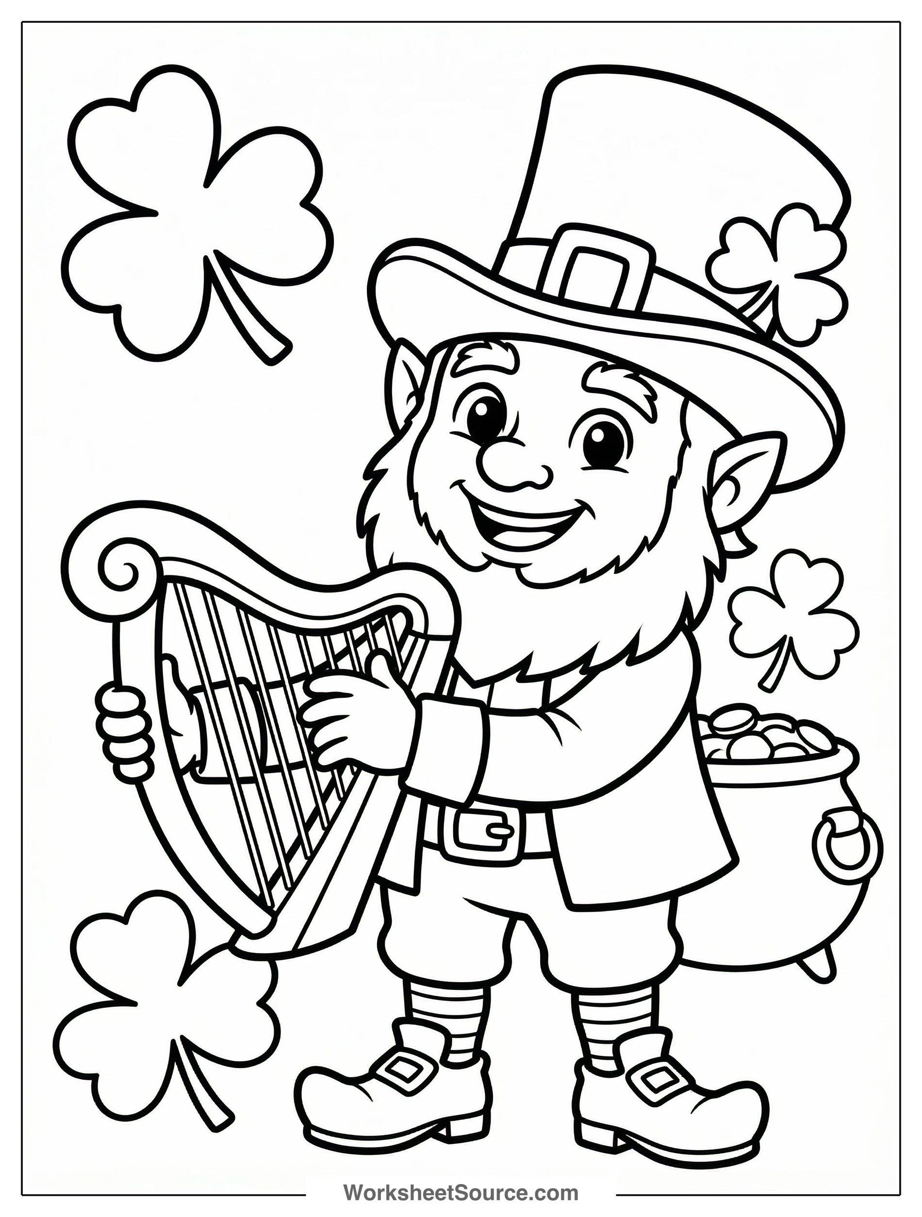 A joyful leprechaun with a pointed hat and buckle shoes sits cross legged, expertly playing a small, ornate Irish harp. Shamrocks and gold coins surround him.