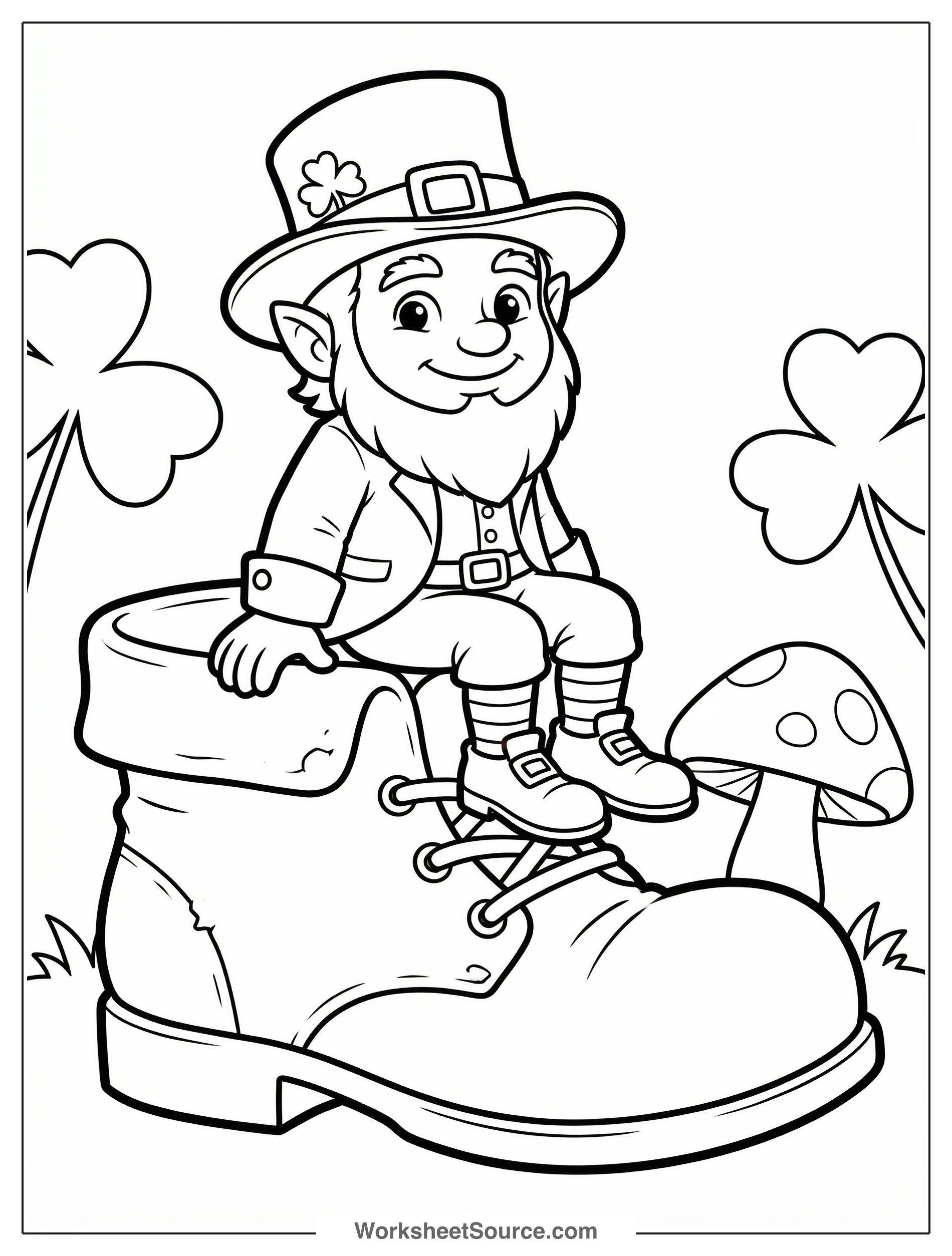 A tiny leprechaun with a pointed hat and buckle shoes sits comfortably on a very large, weathered boot, surrounded by a festive St. Patrick's Day setting.